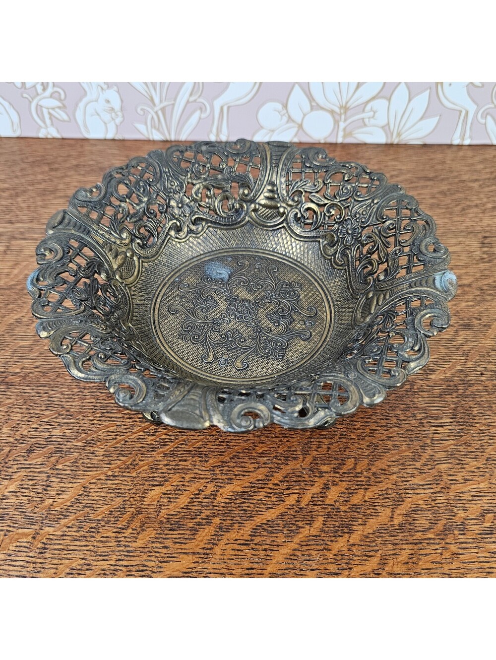 Vintage Italian Ornate Footed Metal Bowl Pierced Filigree Made Italy CT6